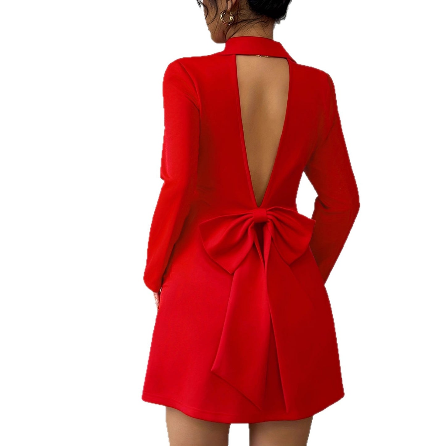 Elegant Double-Breasted V-Neck Backless Long-Sleeve Dress With A Big Bow
