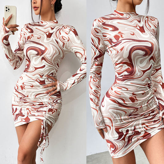 Drawstring Pleated Abstract-print Crew-neck Sexy Long-sleeve Dress